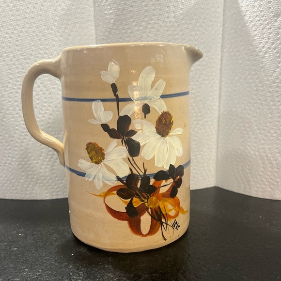 Marshall Pottery TX  Pitcher Double Blue Stoneware flowers hand painted painted - Picture 2 of 5